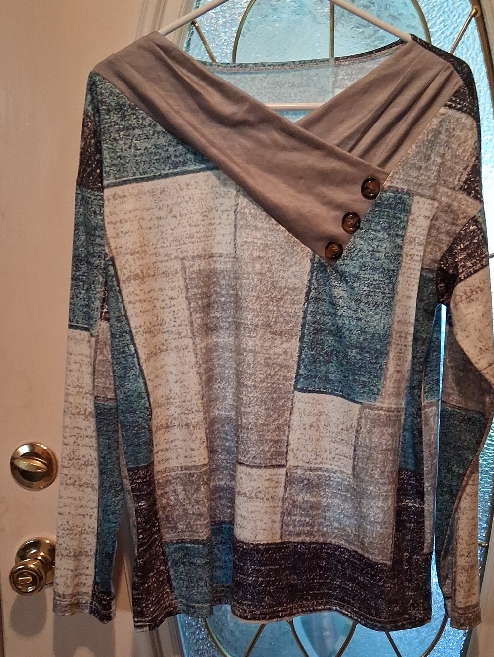 Patchwork V-Neck Long Sleeve T Shirt - Teal & Gray